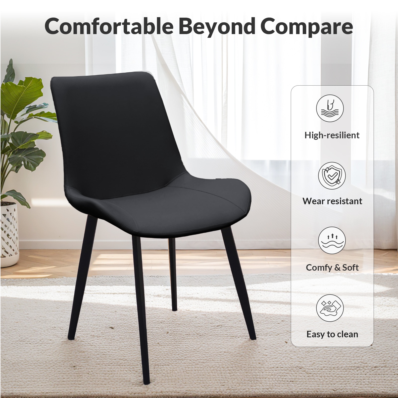 Black PU Leather Dining Chair with Metal Legs, Modern Upholstered Chair Set of 4 for Kitchen, Restaurant, Living, Meeting Room